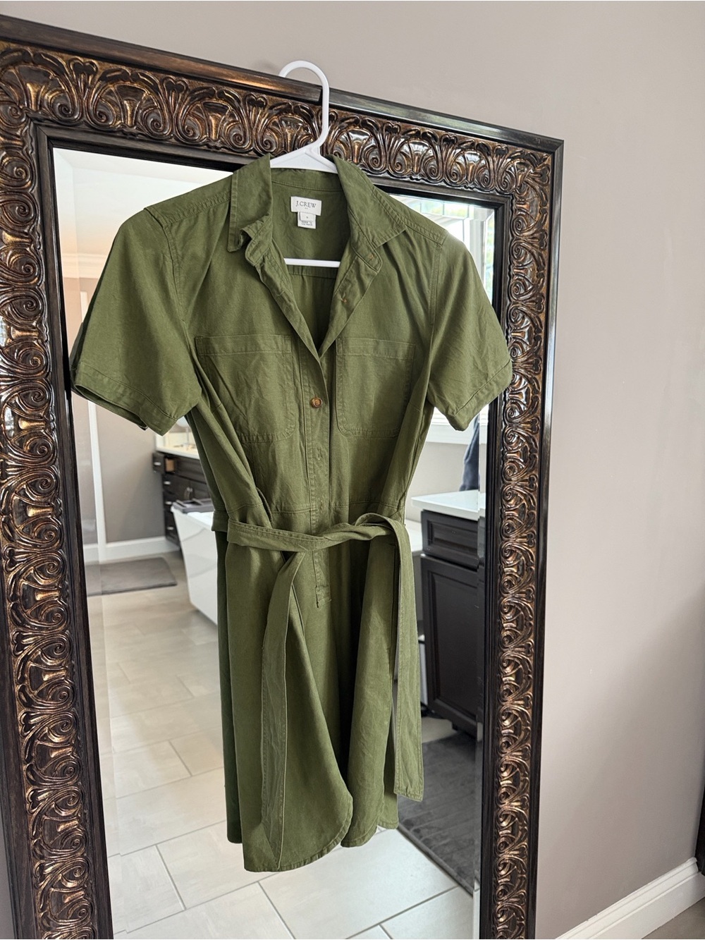 J. Crew Olive Short-Sleeve Utility Shirt Dress with Tie